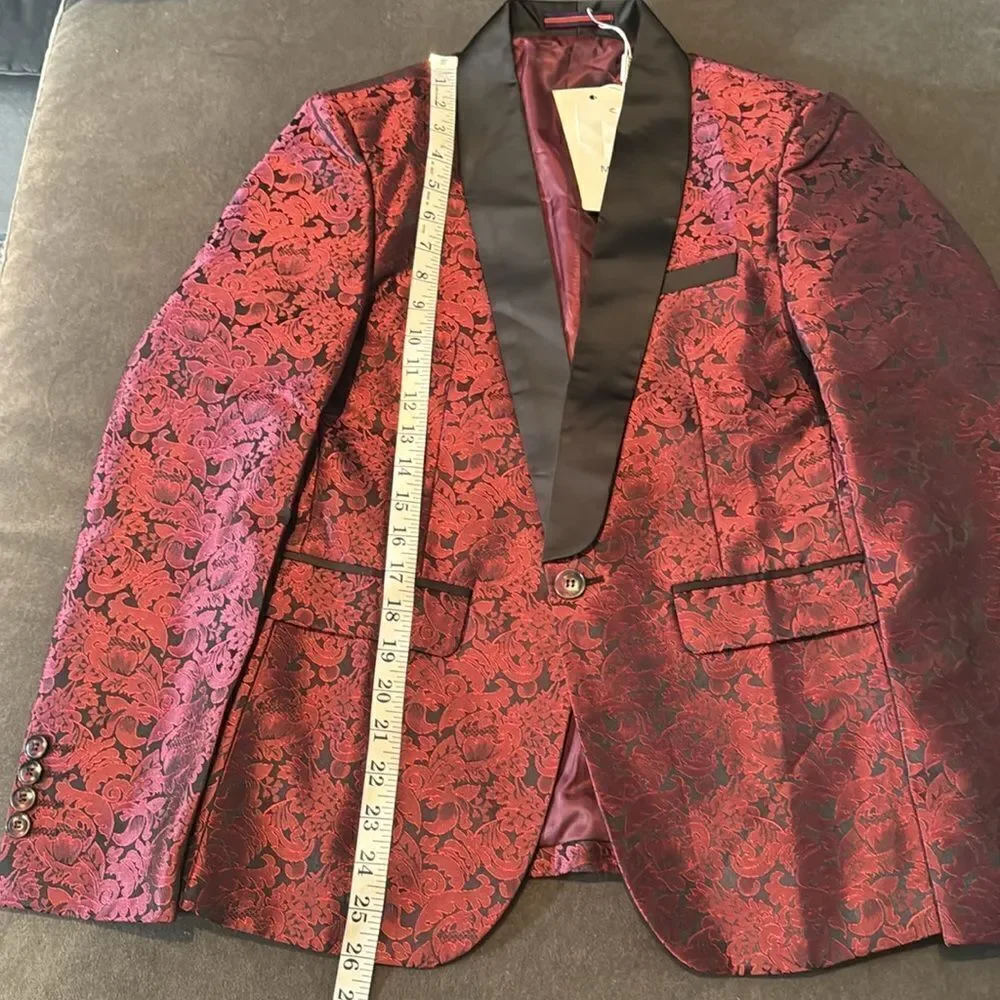 Men’s Boys Burgundy Paisley Slim Fit 3 Piece Tuxedo Size 30 Jacket 29 Pants NWT